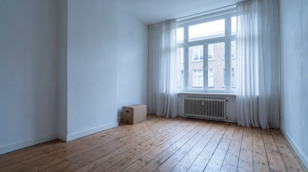 Lege Nederlandse woonkamer met houten vloer en daglicht door de vitrages
