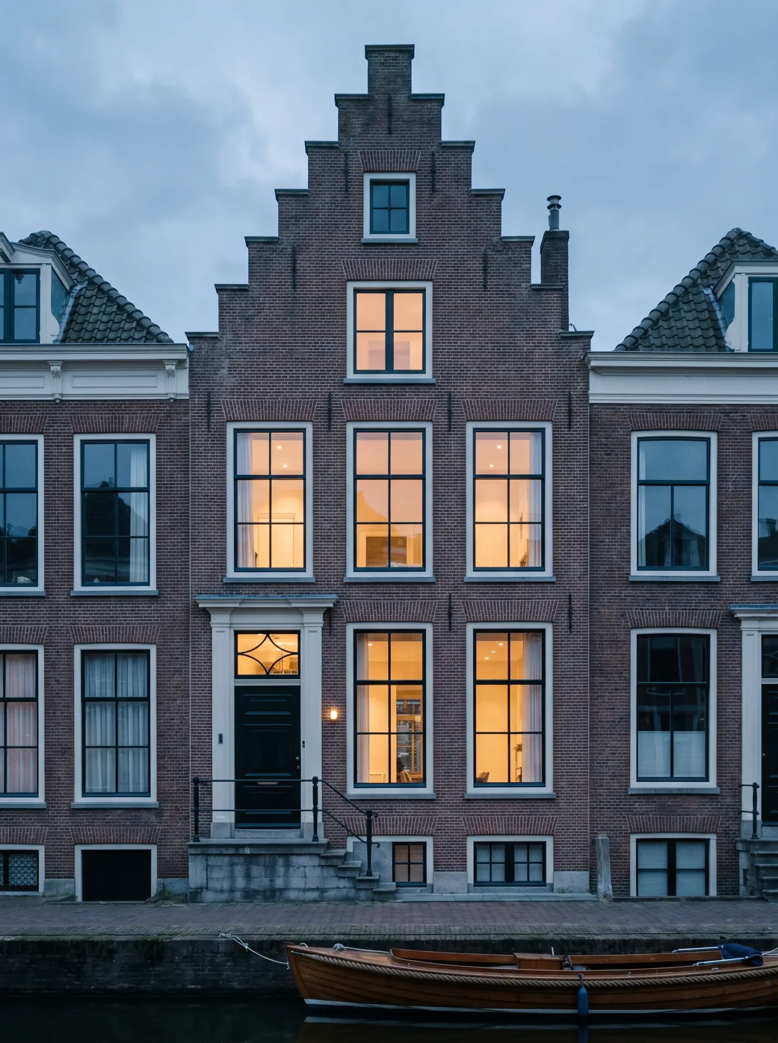 Nederlands grachtenpand met bakstenen gevel en verlichte ramen