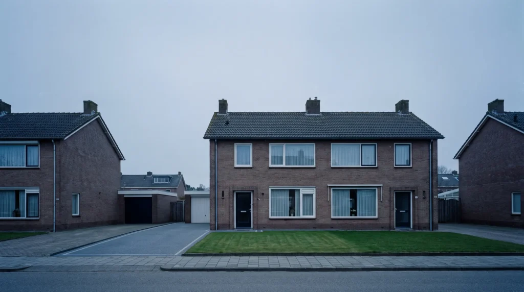 Nederlandse twee-onder-een-kapwoning met oprit bij bewolkt daglicht