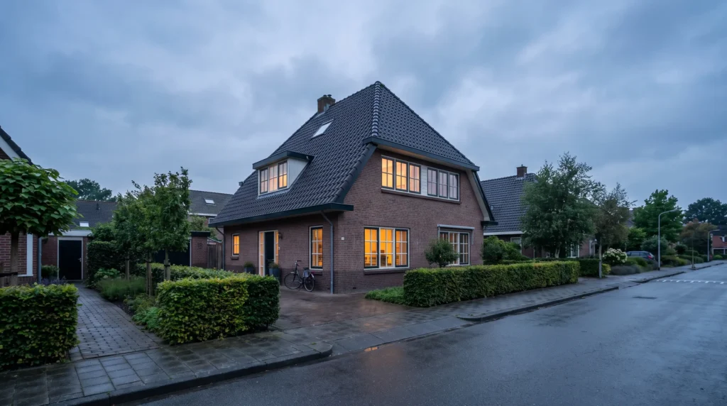 Vrijstaande Nederlandse woning met bakstenen gevel en voortuin