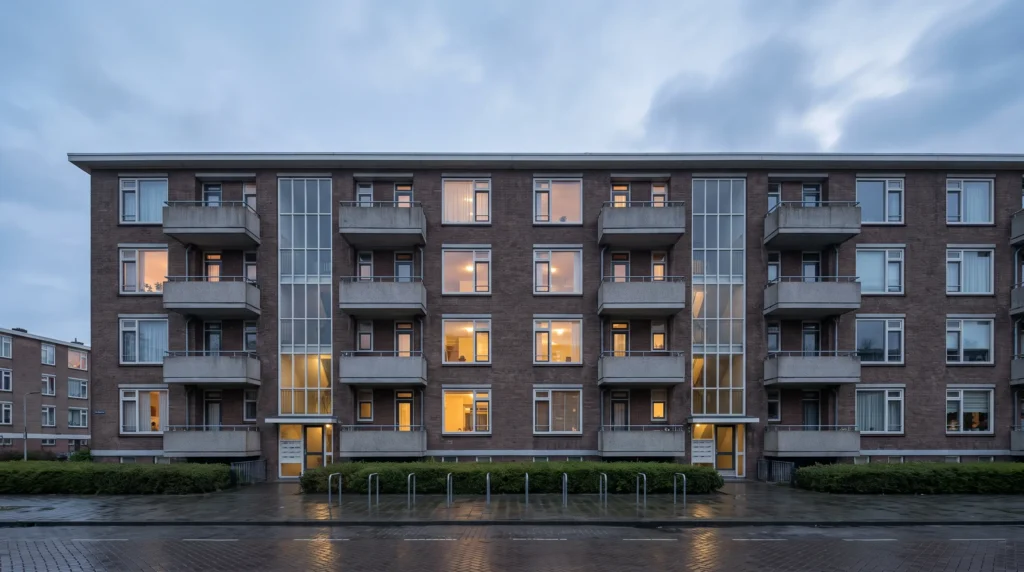 Nederlands bakstenen appartementencomplex met verlichte woningen en balkons