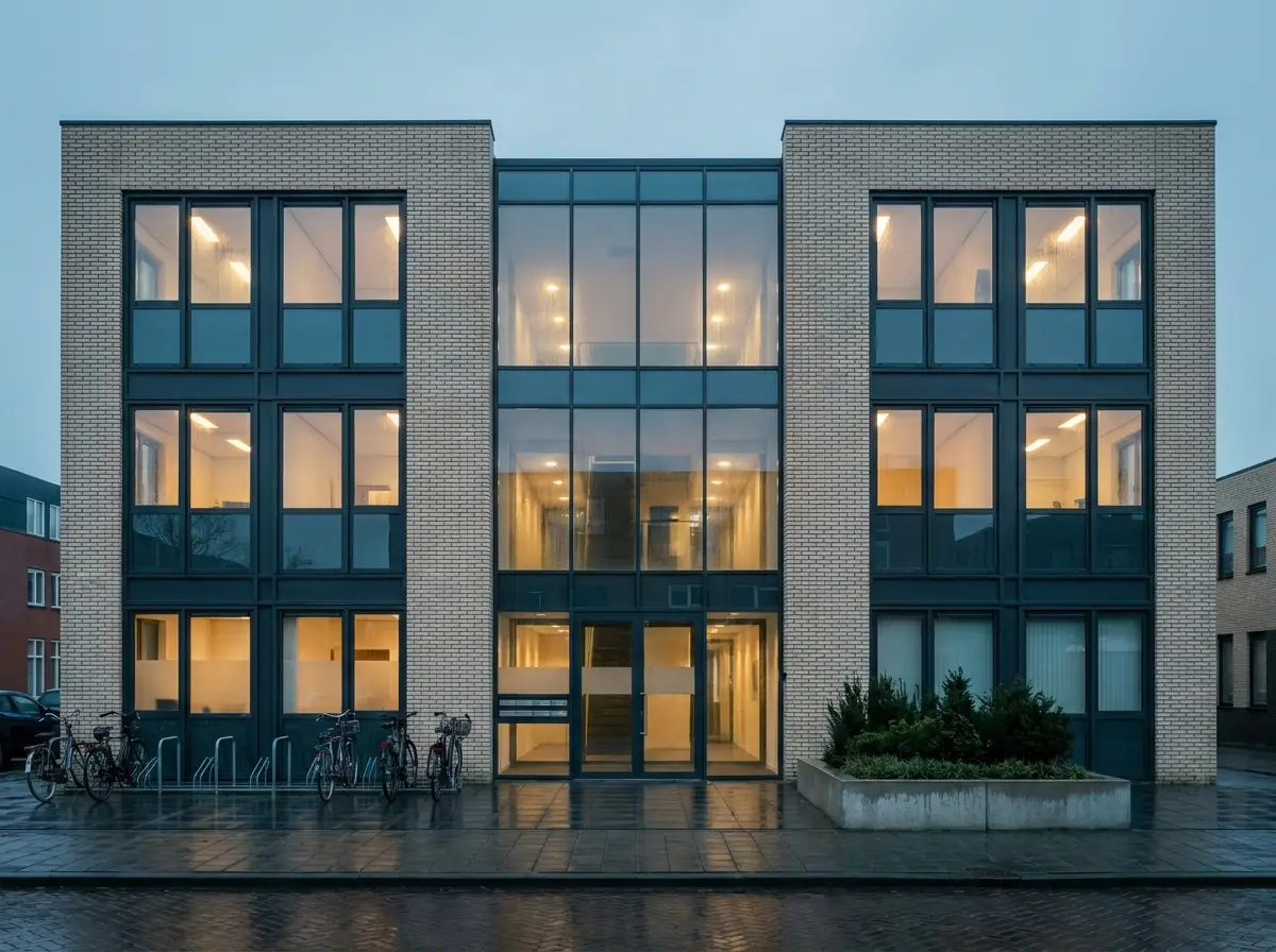 Klein modern Nederlands kantoorpand aan een stadsstraat