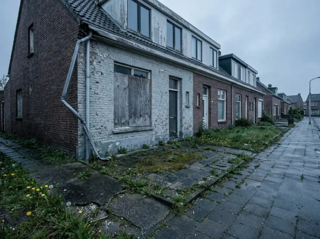 Verwaarloosde Nederlandse tussenwoning met dichtgetimmerd raam