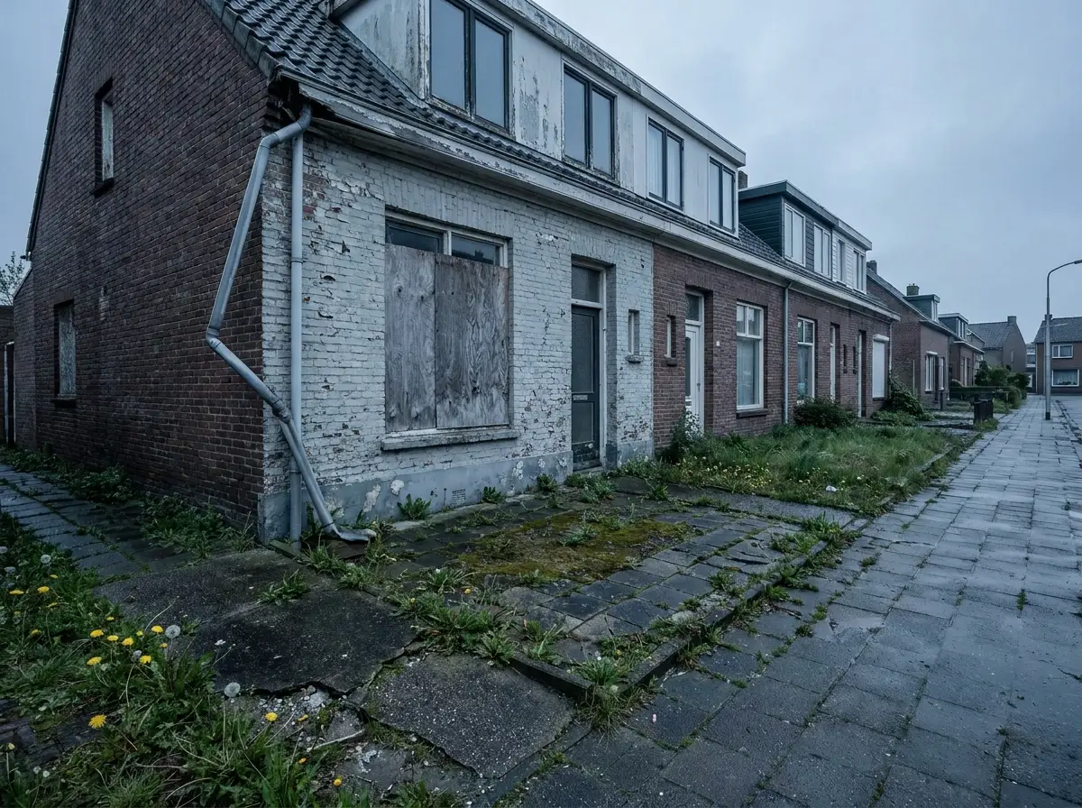 Verwaarloosde Nederlandse tussenwoning met dichtgetimmerd raam
