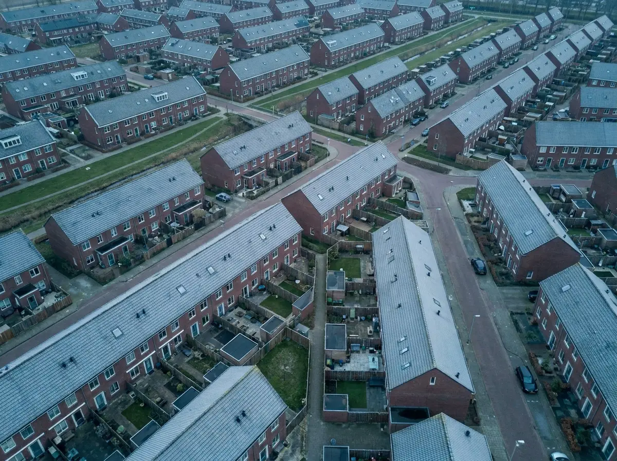 Luchtfoto van rijen identieke Nederlandse huurwoningen