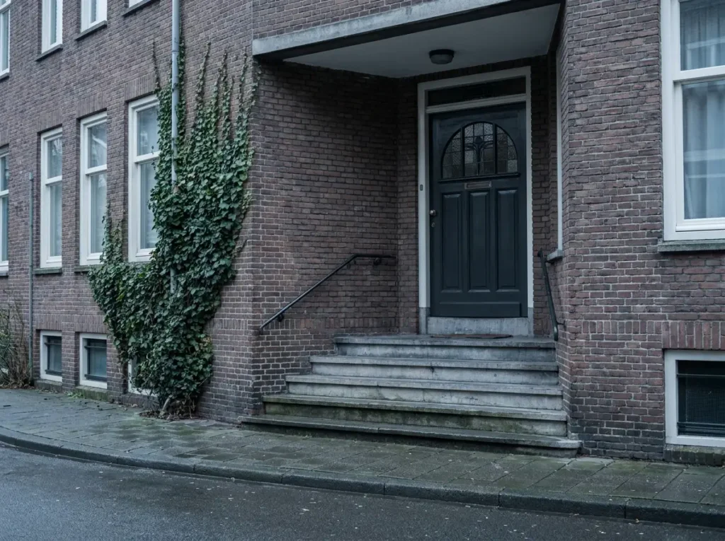 Entree van een Nederlands jaren dertig portiekpand met stenen stoep