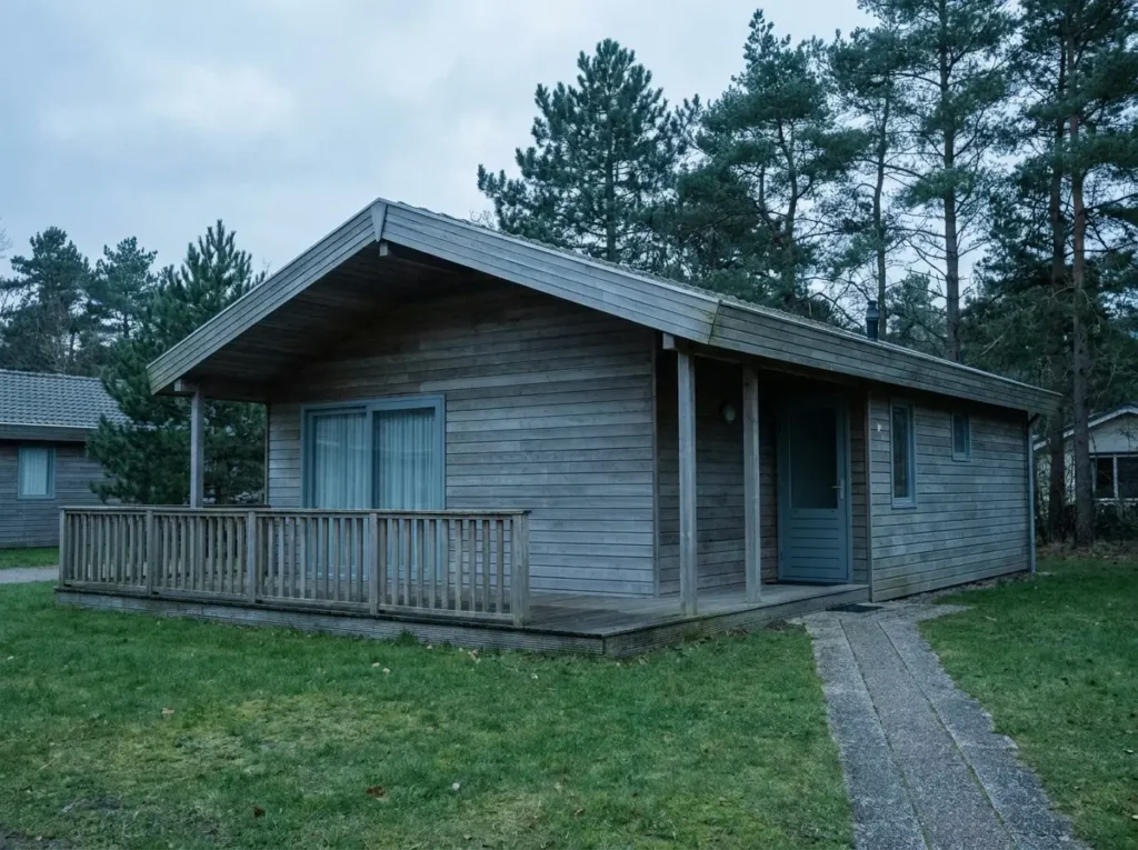 Nederlandse vakantiebungalow met houten gevel op een recreatiepark