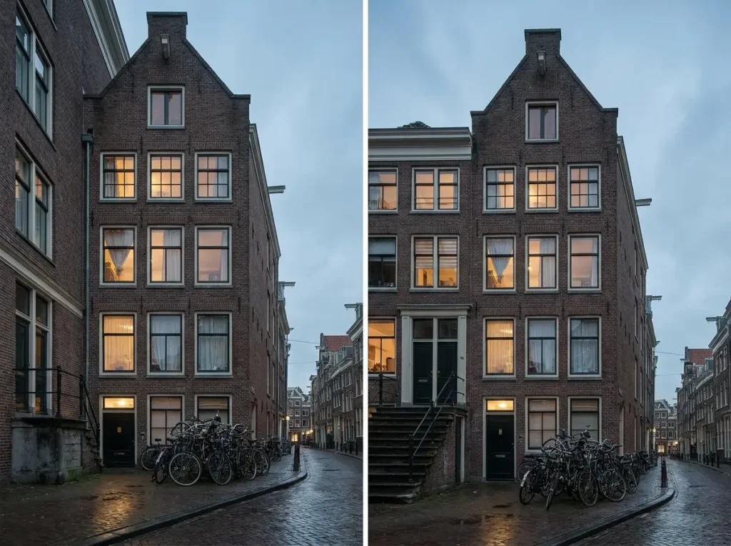 Nederlands studentenpand met veel kleine ramen en fietsen bij de deur