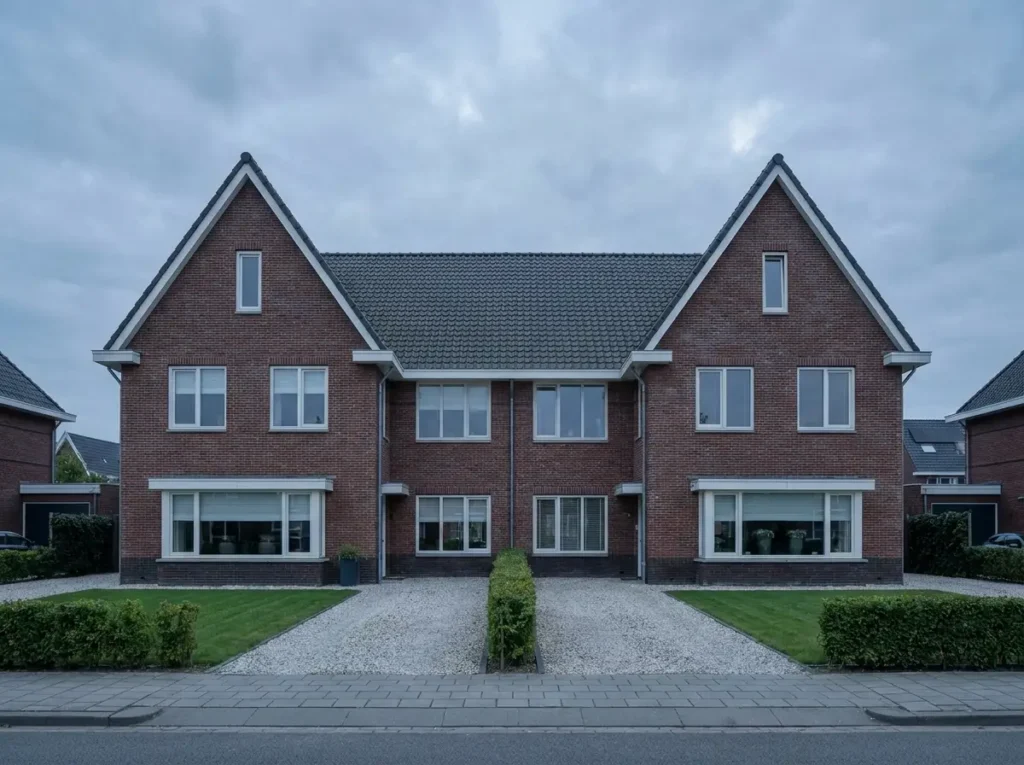 Nederlandse twee-onder-een-kapwoning met dubbele oprit en voortuinen